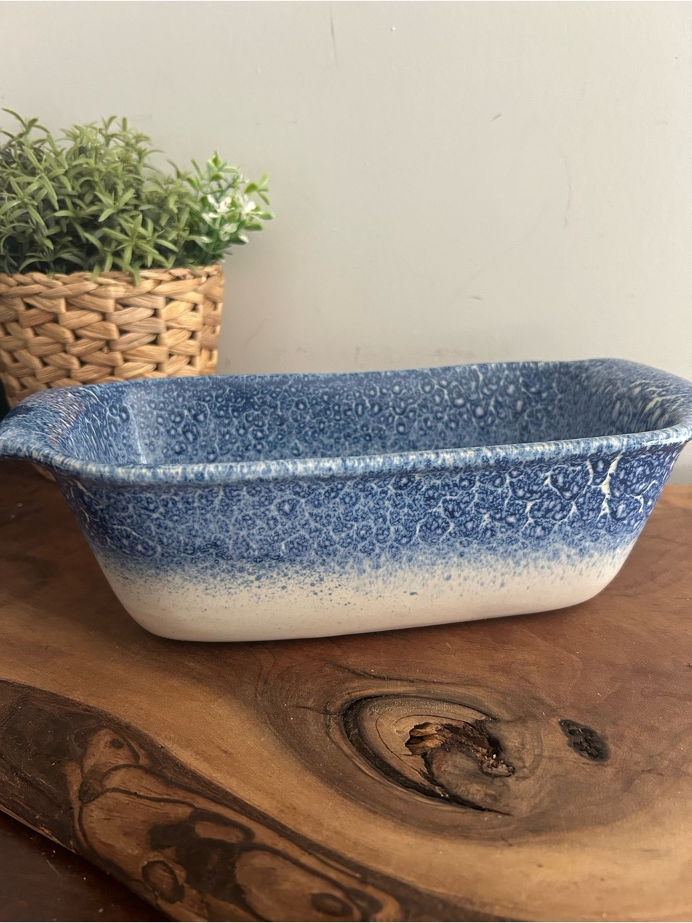 Libbey Stoneware Bread Loaf Dish Pan blue & white speckled ombre  rectangular